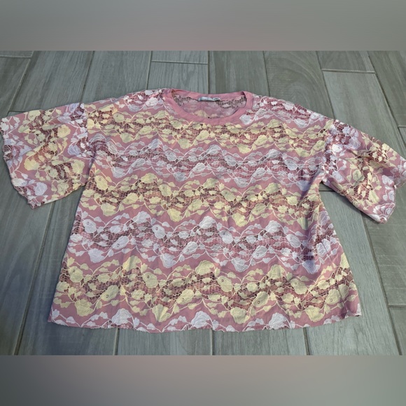 Zara pink lace sheer crop top pastel‎ color tee - Picture 6 of 10